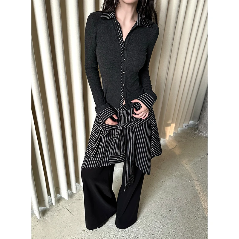 IAMCPLUS 紧致迷人 设计感小众假两件拼接修身显瘦针织衫上衣女