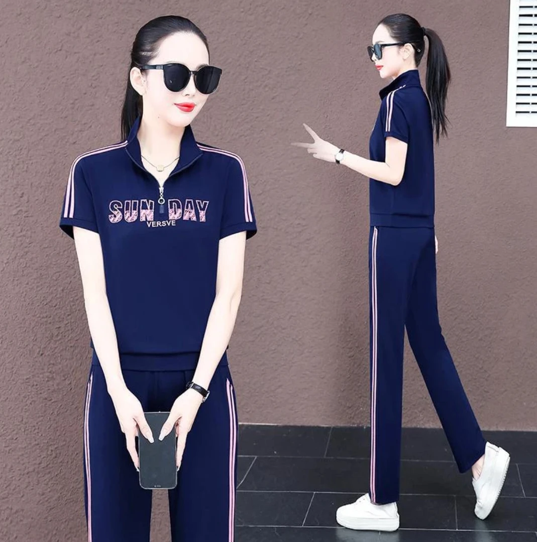 夏季运动服套装女2025年新款宽松洋气妈妈夏装短袖休闲两件套502