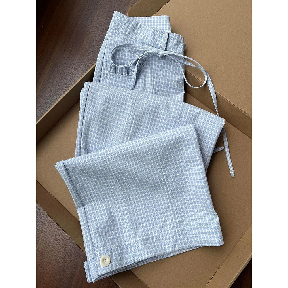 奶蓝色格子休闲裤女夏季2025新款高腰山本遛弯梧桐阔腿木耳边裤子