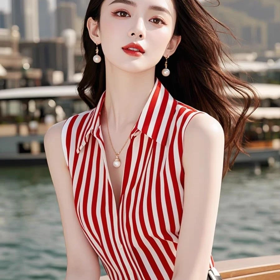 复古港味chic条纹背心衬衫女士设计感小众独特别致polo领无袖上衣