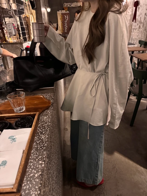 SHILALA韩系穿搭 2025春季新款圆领插肩袖衬衫+系带半身裙女