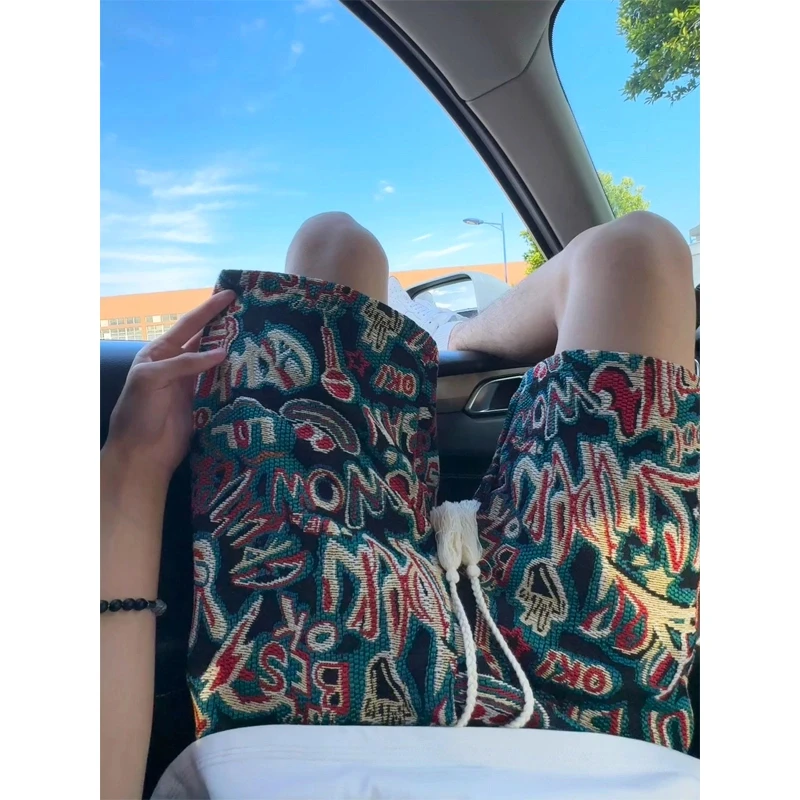 夏威夷涂鸦满印短裤男夏季薄款美式复古hiphop裤子休闲运动五分裤