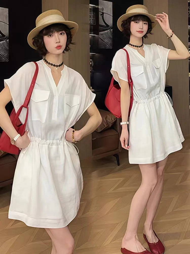 复古高级感抽绳收腰V领短袖连衣裙女2025夏季大码胖MM显瘦中长裙