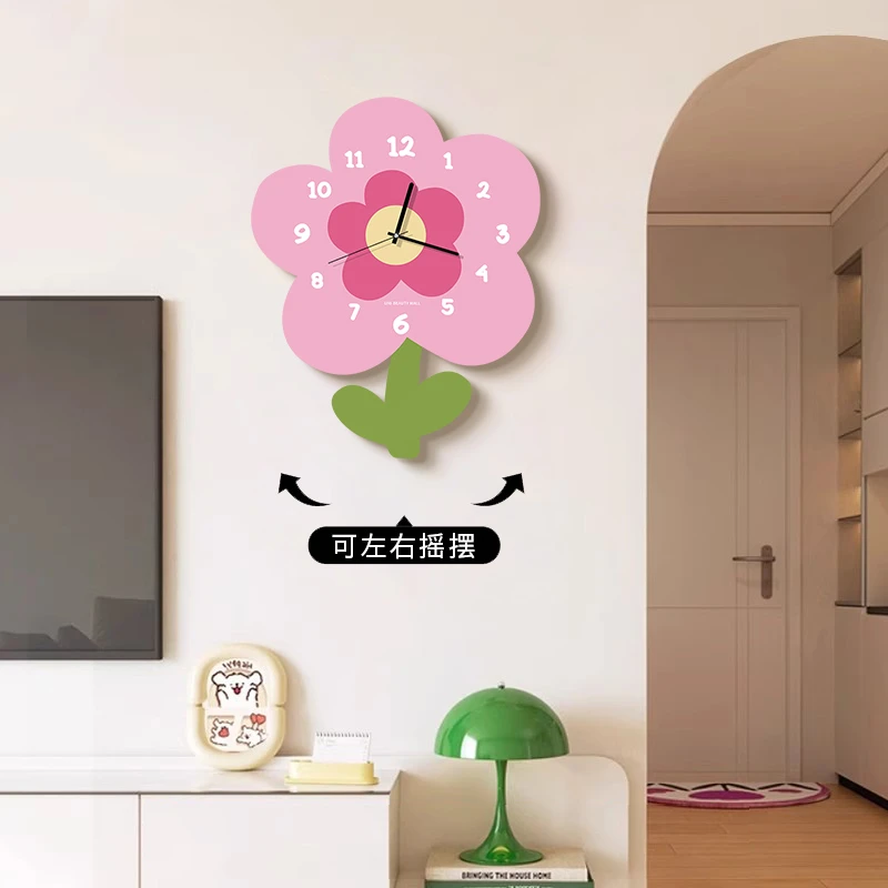 简约花朵创意文艺卡通钟表客厅静音挂钟花店网红可爱装饰时钟ins