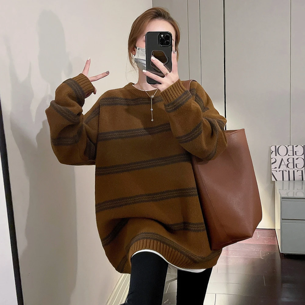 冬季新款加厚款条纹针织毛衣女慵懒风宽松百搭中长款套头打底上衣