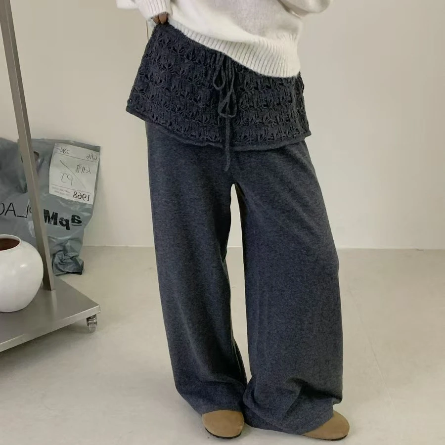 韩系镂空花边屁帘阔腿裤女秋季高腰垂感宽松直筒休闲裤