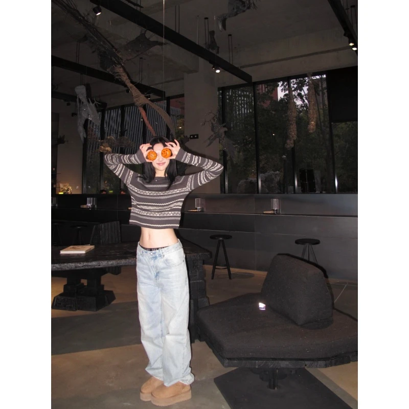 韩系撞色拼接条纹毛针织衫女2025冬季新款高腰宽松阔腿长裤两件套