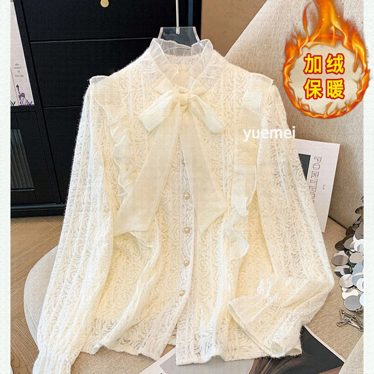 【本月爆款】白色系带蝴蝶结衬衣时尚衫女加绒加厚洋气打底衫