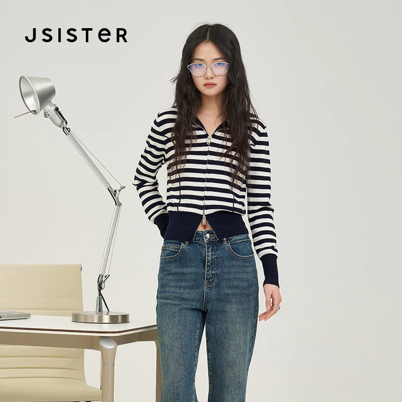 jsister 秋装新款 JS女装时尚蓝白条纹针织衫 S432204088