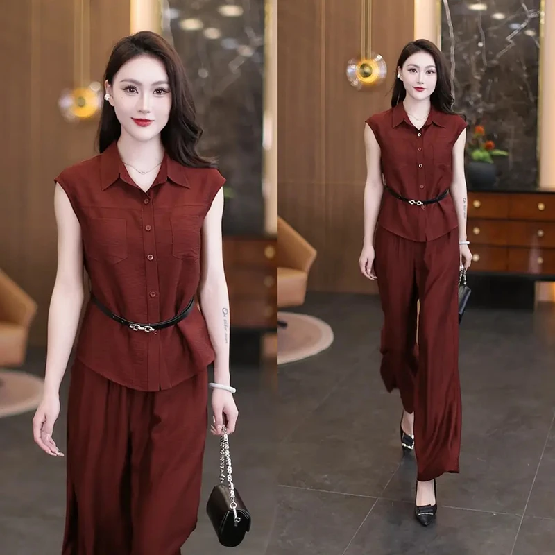 复古独特时尚减龄无袖上衣两件套女2025夏季小众设计感直筒裤套装