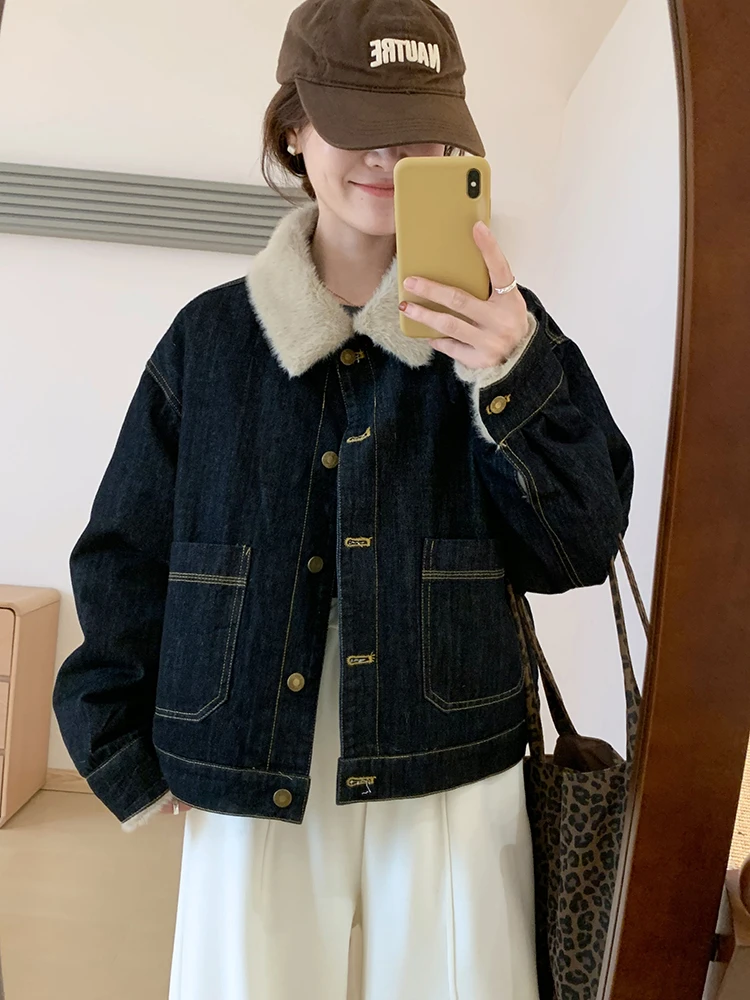 日系复古翻领短款牛仔外套女2025秋冬新款显瘦百搭夹棉上衣
