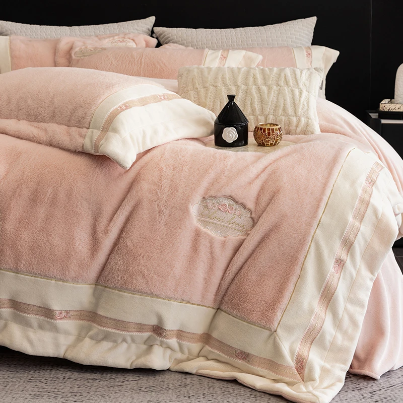 喜兹 花漾 草草绒+公主绒四件套牛奶绒升级 防寒加厚保暖轻奢绣花