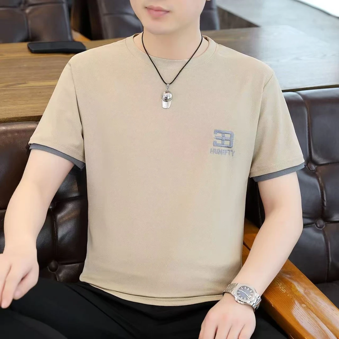 短袖T恤男薄款上衣青年男装冰丝半袖透气汗衫冰感打底衫刺绣小衫