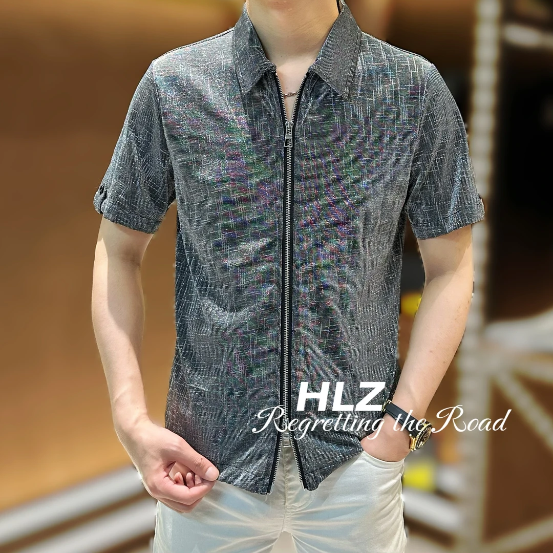 2025夏季新款修身男士休闲个性时尚纯色轻者冰丝网纱开衫短袖衬衫