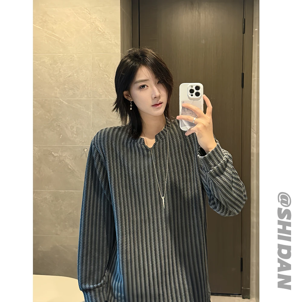 肌理感条纹V领长袖t恤男美式潮流慵懒风卫衣潮牌高级感秋季长袖