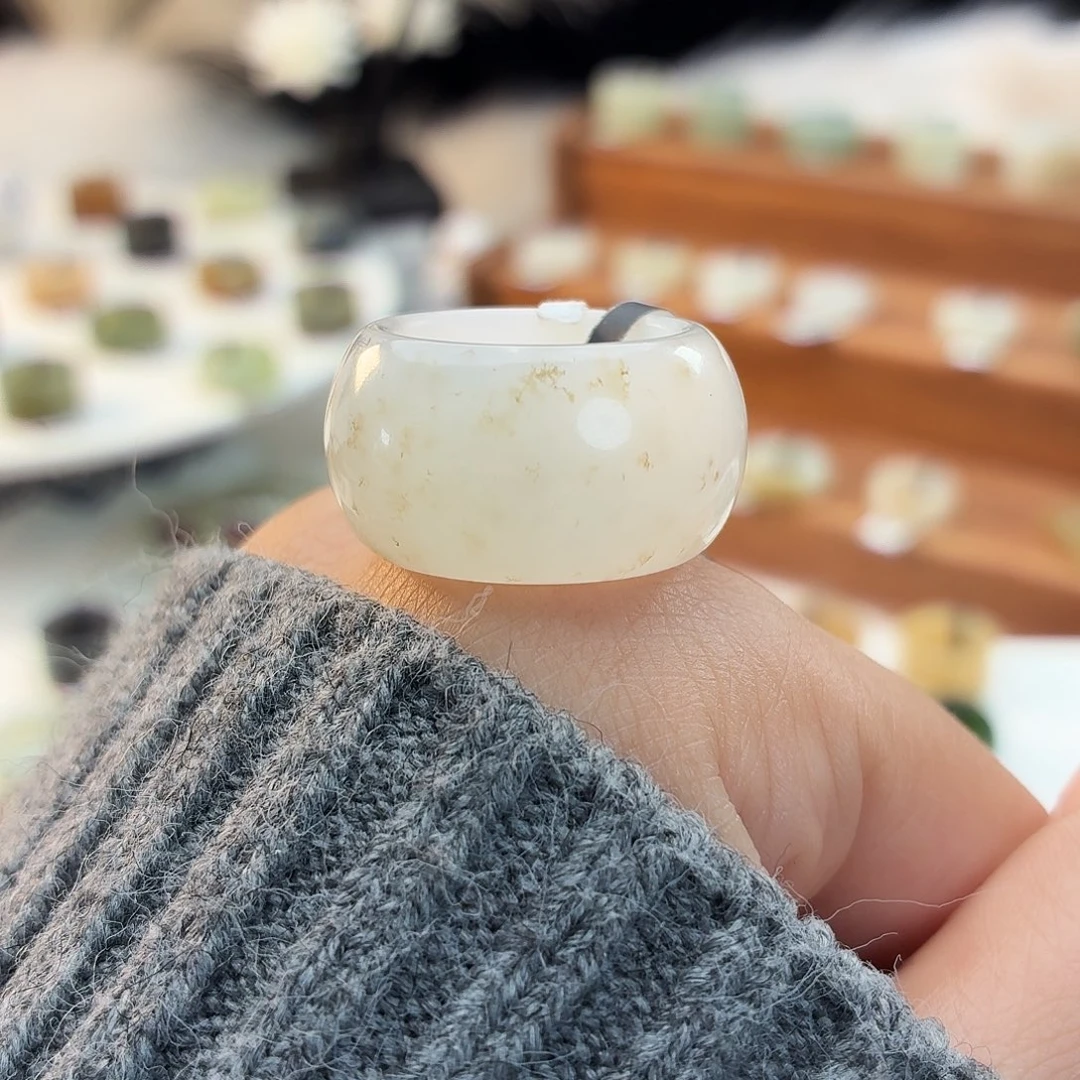 和田玉未镶嵌戒指i40冰透桂花墩墩17.1mm