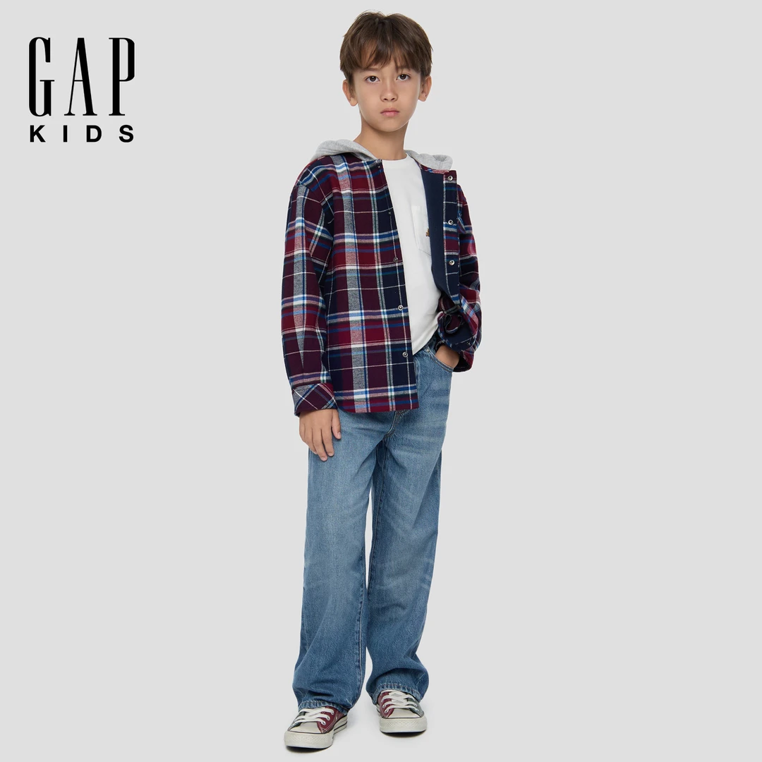 男童2025冬季新款印花logo加绒拼接连帽格纹外套装829585