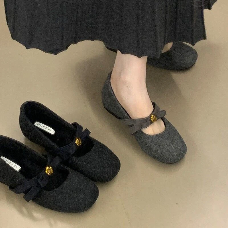 法式内增高山茶花玛丽珍鞋毛呢加绒2025秋季新款百搭软底方头单鞋