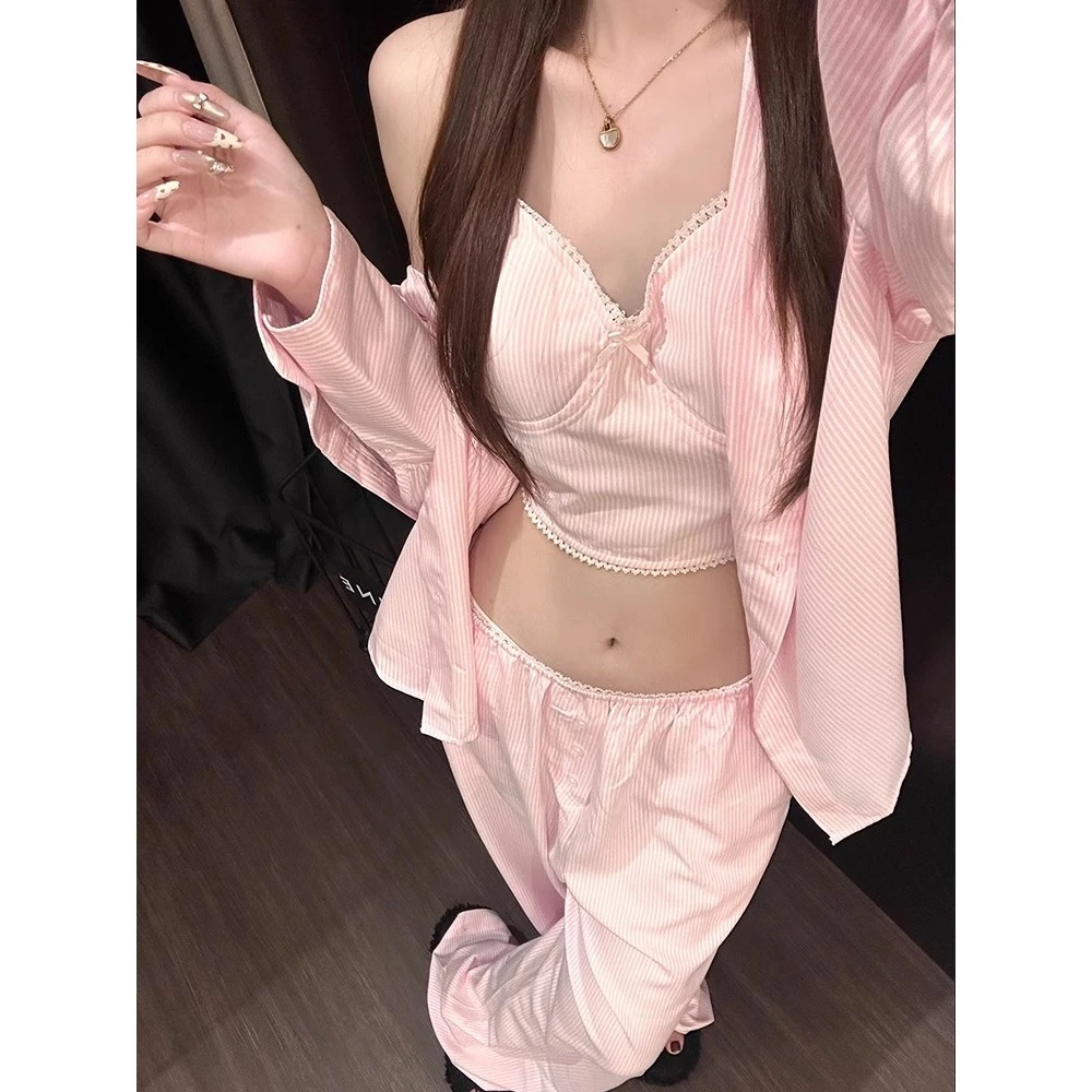 甜粉少女纯欲蕾丝边小众设计吊带睡衣女夏季大码开衫家居服三件套