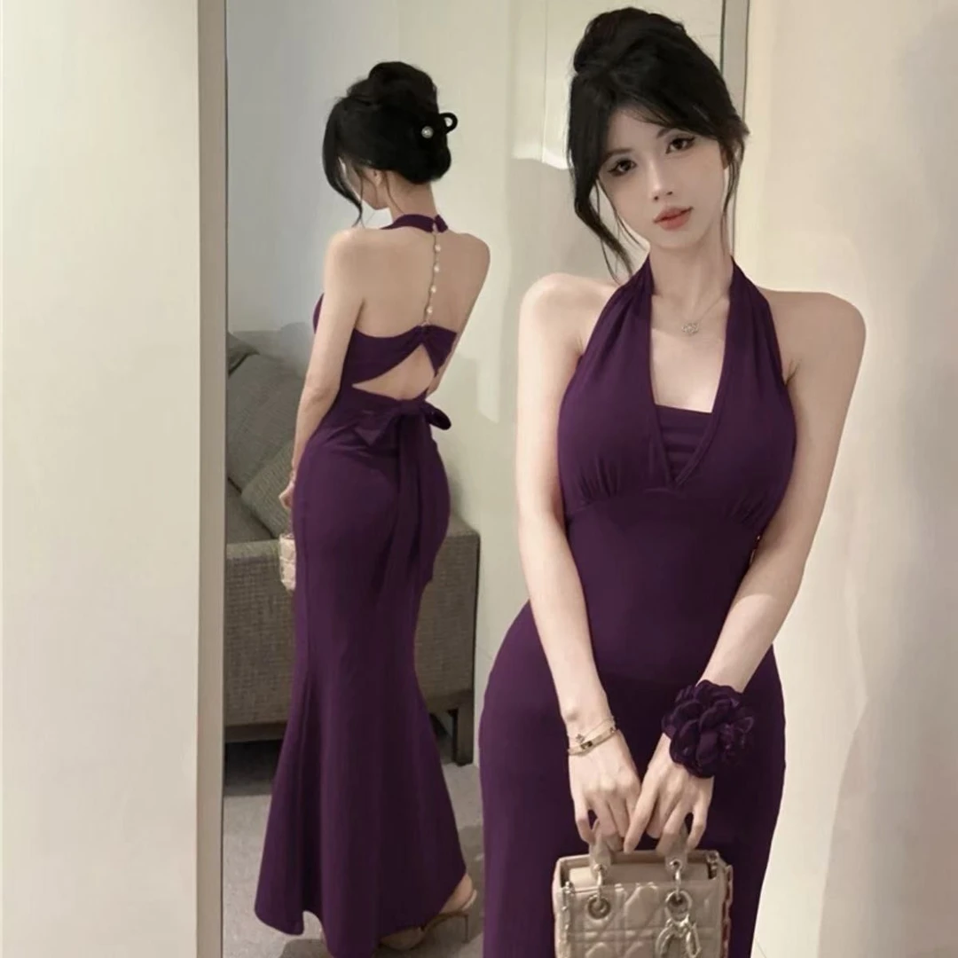 设计感露背挂脖连衣裙女夏季御姐风修身礼服长裙气质鱼尾包臀裙子