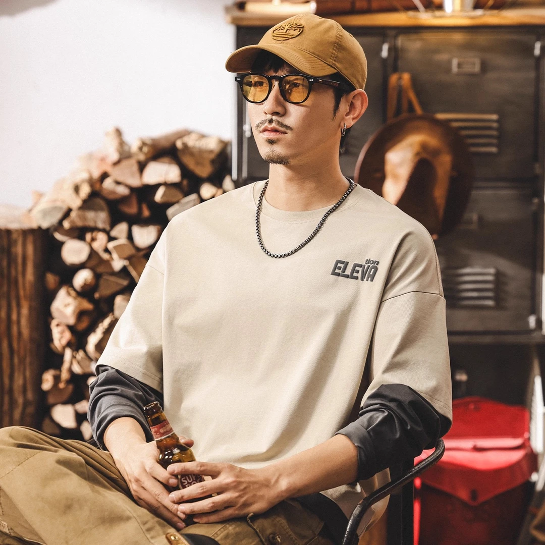 美式复古假两件长袖t恤男春秋2025新款宽松大码潮牌拼接秋季上衣