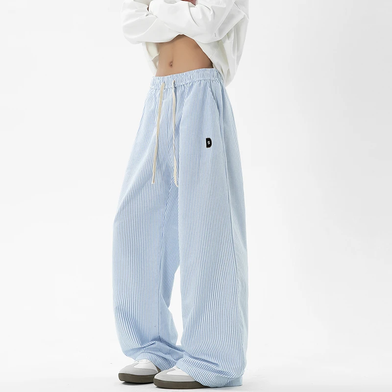 韩版条纹休闲裤男2025秋季新款双腰抽绳设计慵懒宽松阔腿裤