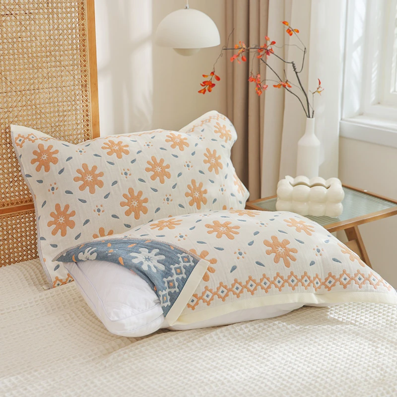 【京かわ会社】一对装纯棉纱布枕巾 带绑带全棉柔软家用枕巾 海洋白