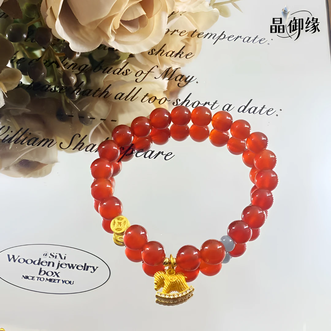 天然红玛瑙配小马吊坠马年新年百搭手串-917