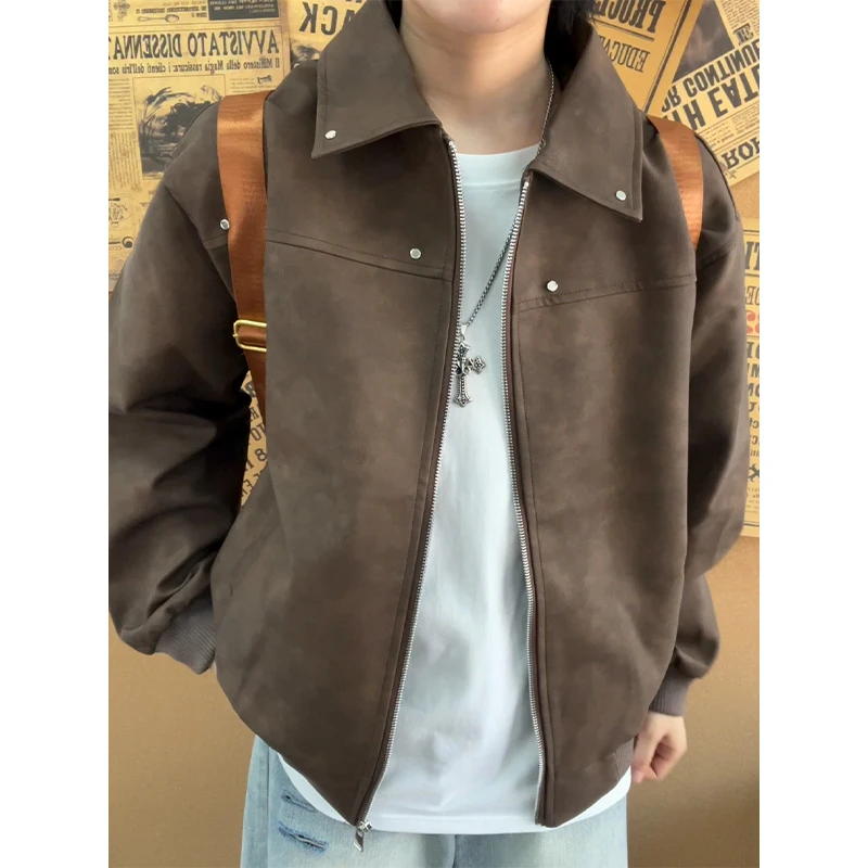 美式复古PU皮夹克男款早秋穿搭翻领外套痞帅高级感铆钉机车皮衣