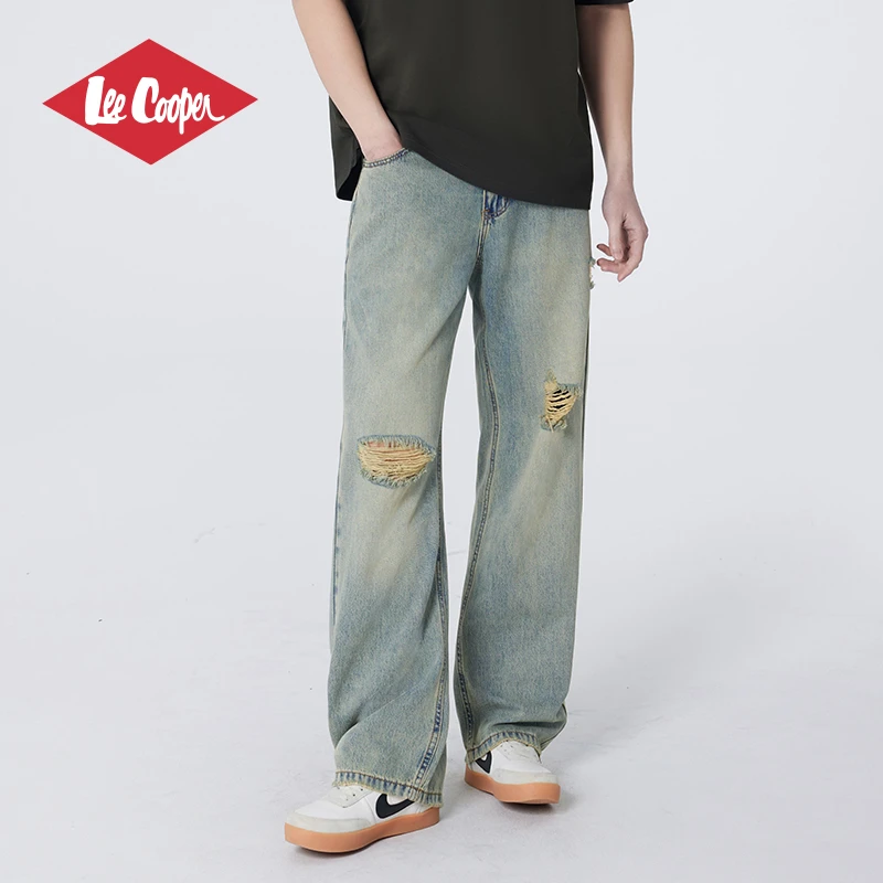 LeeCooper美式破洞牛仔裤直筒男裤宽松2025春夏复古设计感牛仔裤