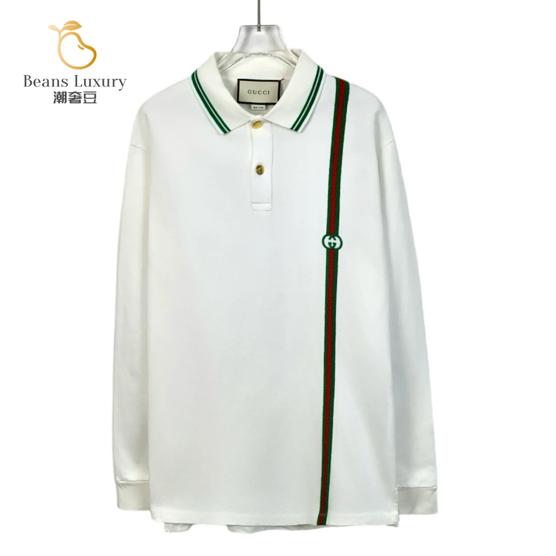 99新 GUCCI/古驰 潮奢豆 严选/白色logo条纹Polo衫/H13618