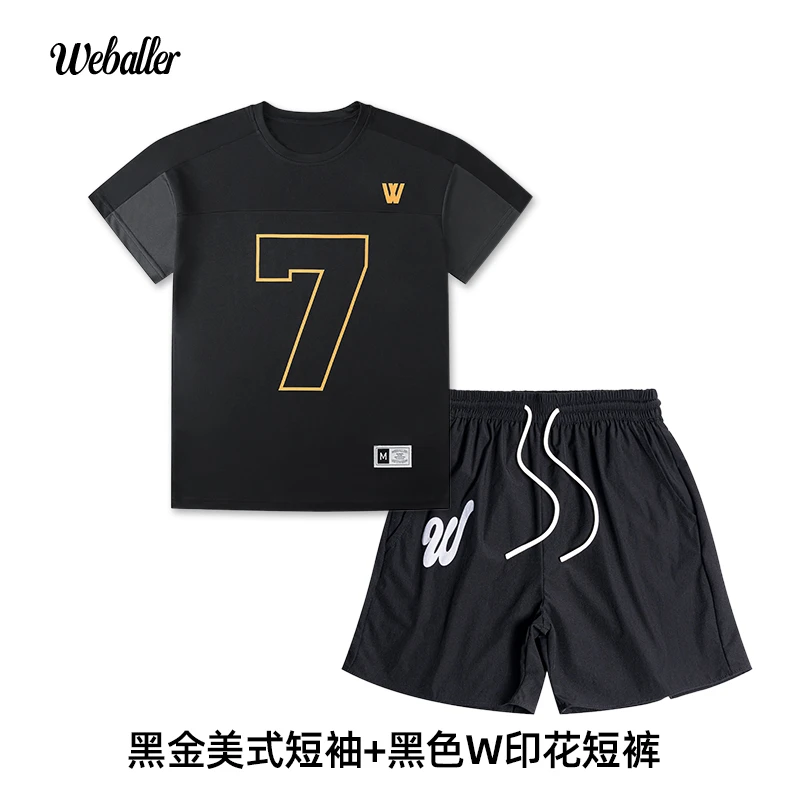 WEBALLER美式短袖投篮服幸运7四分短裤W印花梭织两件套透气速干