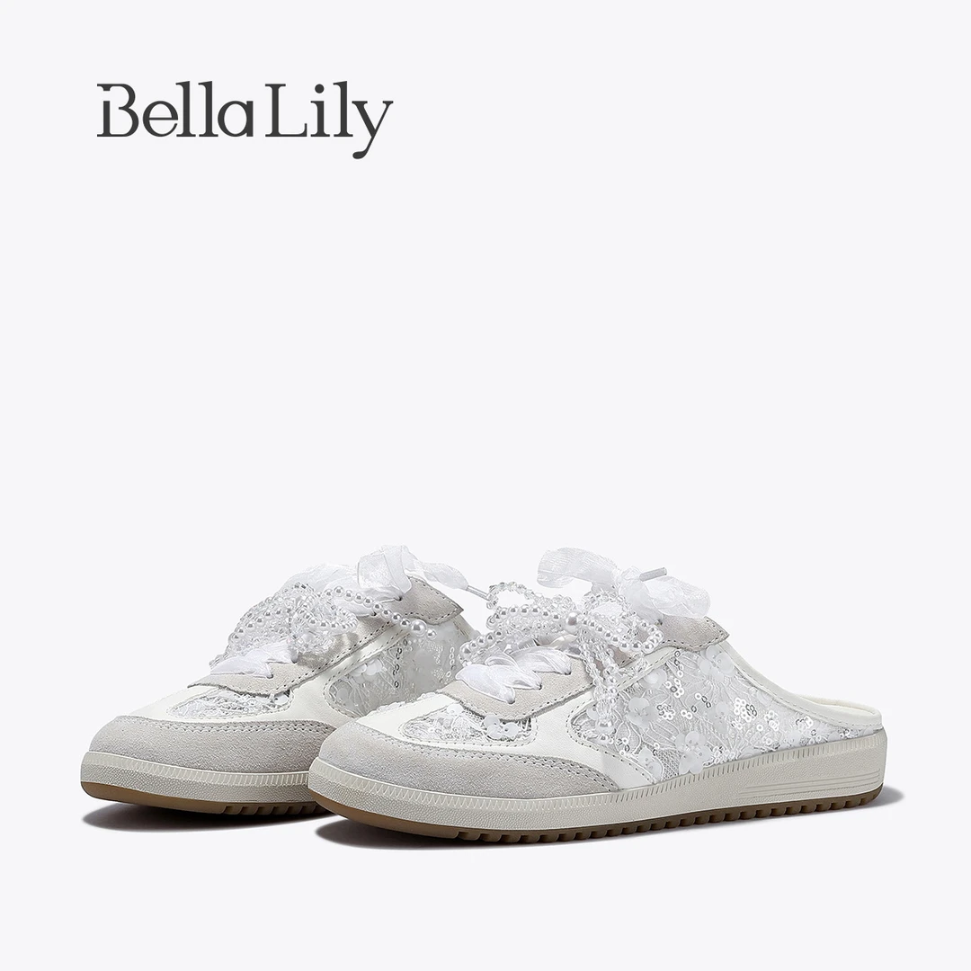 BellaLily2025夏季新款精致蕾丝包头拖鞋时尚透气德训鞋轻便女鞋