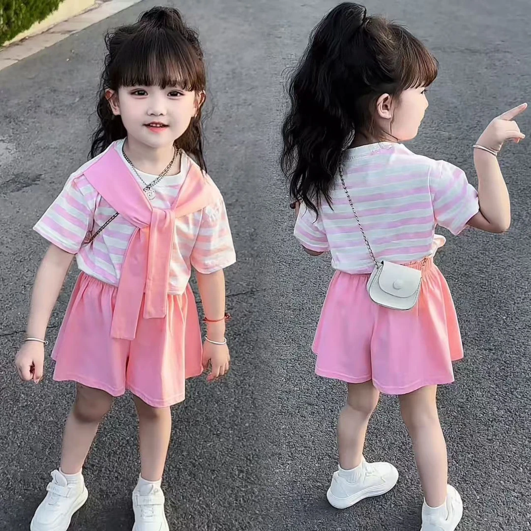 夏季儿童时髦套装纯棉薄款女童洋气条纹假两件披肩短袖短裤两件套