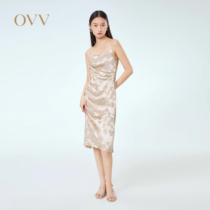OVV春夏新款女装轻薄柔软桑蚕丝混纺光泽感吊带连衣裙