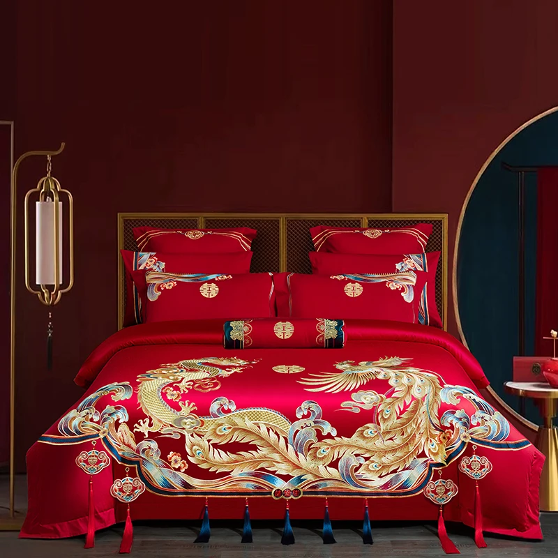 新娘2025新款重工刺绣婚庆四件套双面100S长绒棉婚庆套件床上用品