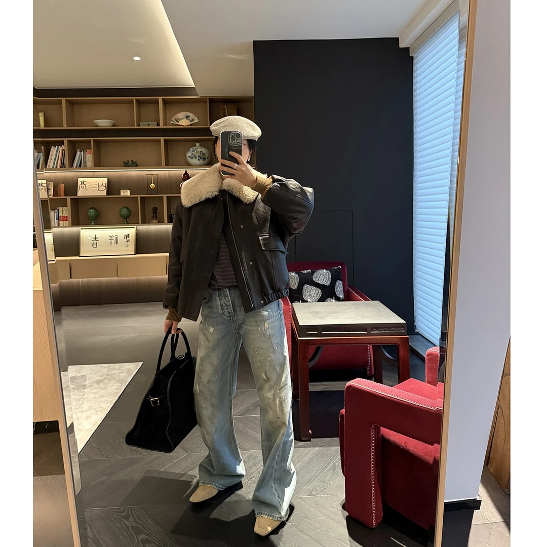 蓝豚豚 ins博主风 可拆卸皮毛一体毛领飞行员真皮羽绒服羊皮外套