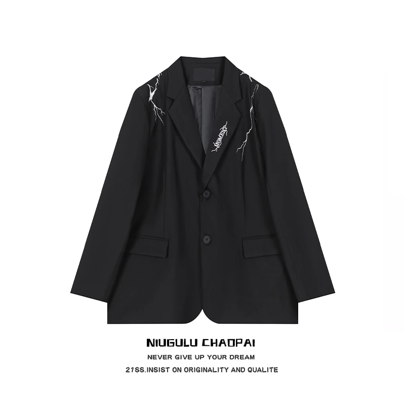 NIUGULU.24SS潮牌时尚个性复古暗黑风闪电印花设计感休闲西装外套