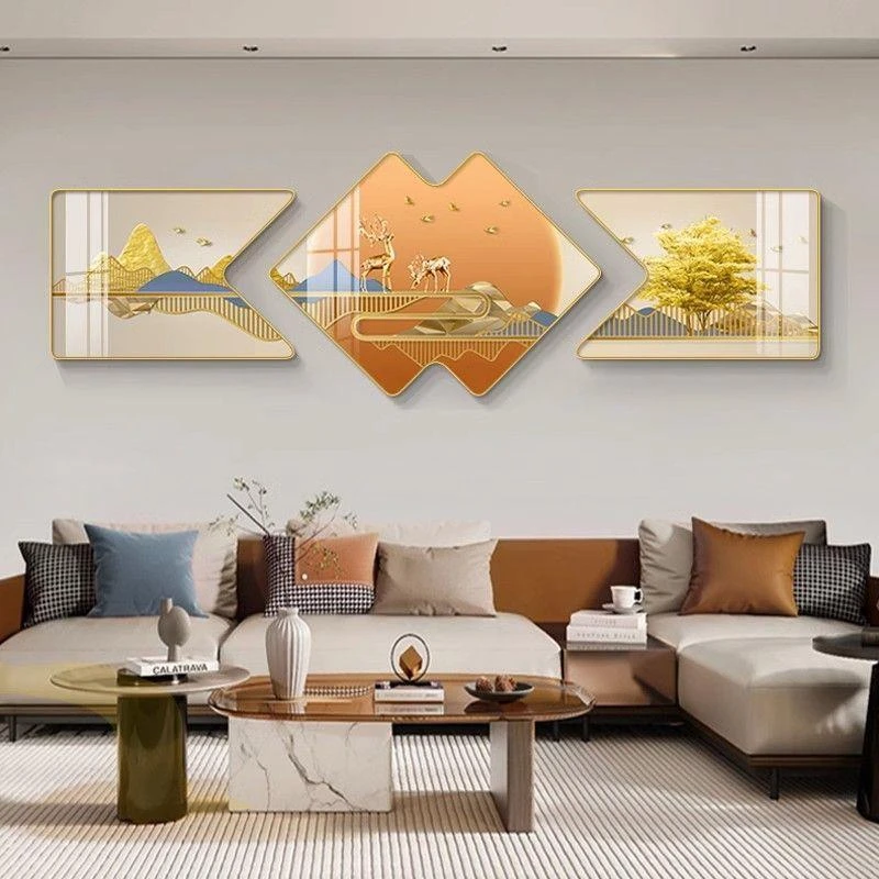 轻奢高档客厅装饰画背有靠山三联画新款寓意好挂画沙发背景墙壁画