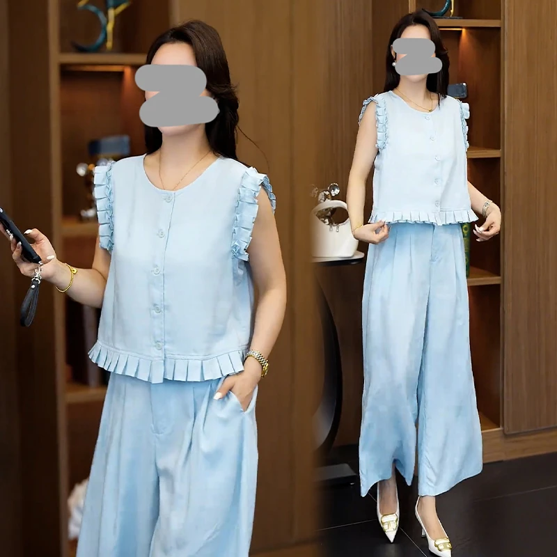 休闲慵懒风套装女2025夏季新款宽松显瘦无袖马甲上衣阔腿长两件套