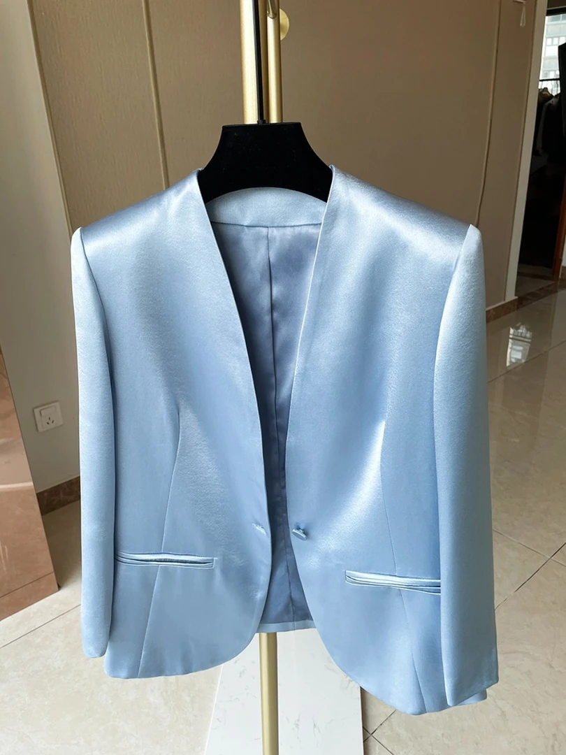 三醋酸缎面小西装无领白色显瘦短外套上衣新款中国风爆款春秋