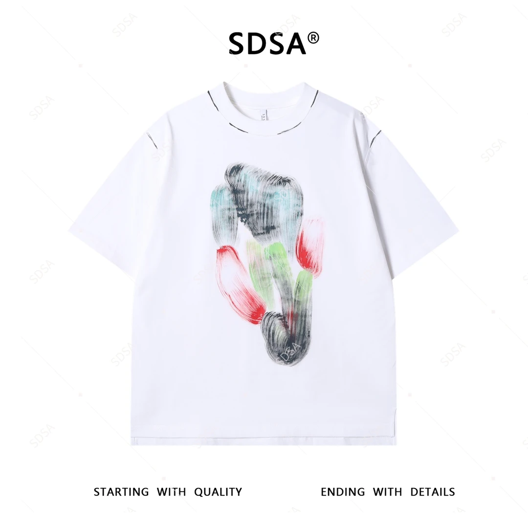 SDSA夏季新款男士痞帅韩版撞色彩绘印花圆领短袖T恤时尚上衣简约