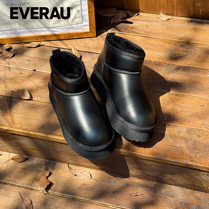 EVERAU短筒雪地靴厚底羊皮毛一体冬季新保暖一脚蹬舒适棉鞋EA3195