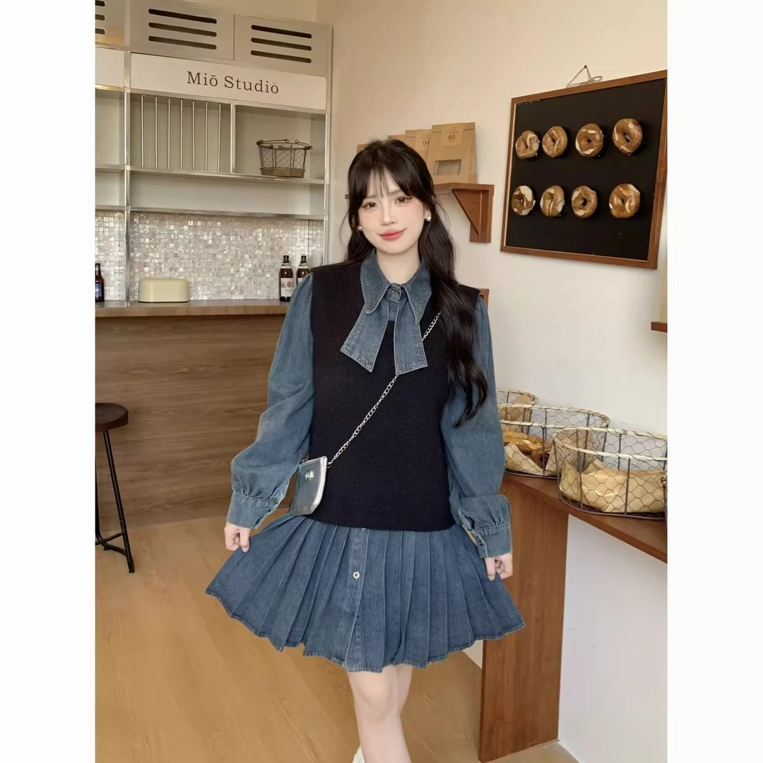 韩版气质蝴蝶结设计感牛仔衬衫裙女2025新款显瘦连衣裙百褶短裙子