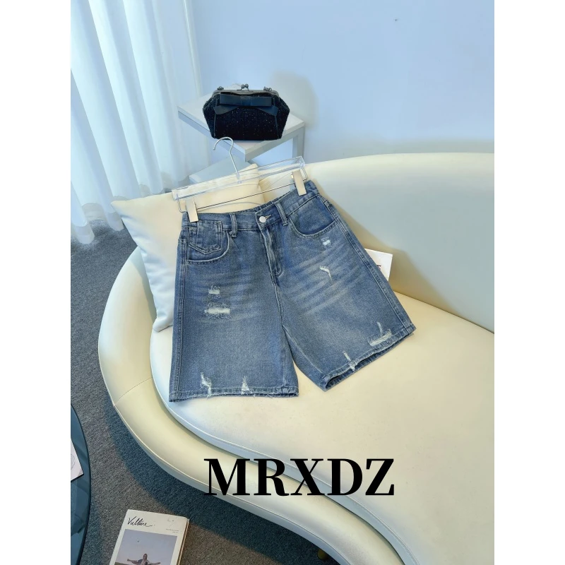 梦茹萱夏季新款流行破洞牛仔短裤女款大码胖mm显瘦高腰直筒五分裤