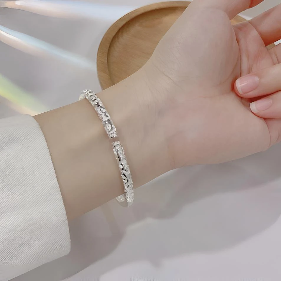 足银手镯 如意金箍足银999.9实心雕花纹开口镯创意情侣送女友礼物