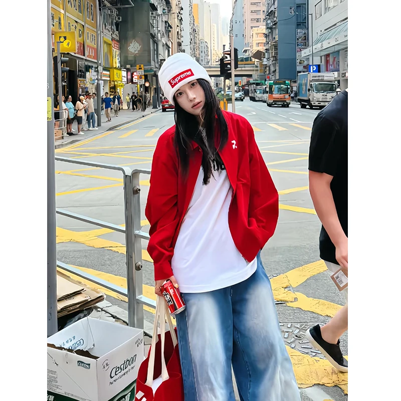 美式红色工装短款夹克男女款秋哈灵顿立领衬衫外套潮牌情侣棒球服