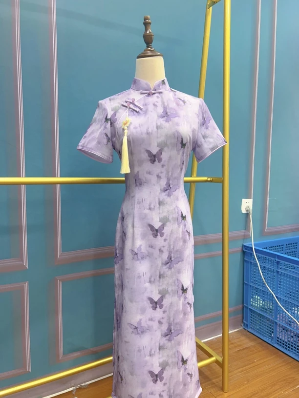V-2992 紫蝶如梦 十字嘛 新中式国风夏款年轻款改良旗袍115cm长款