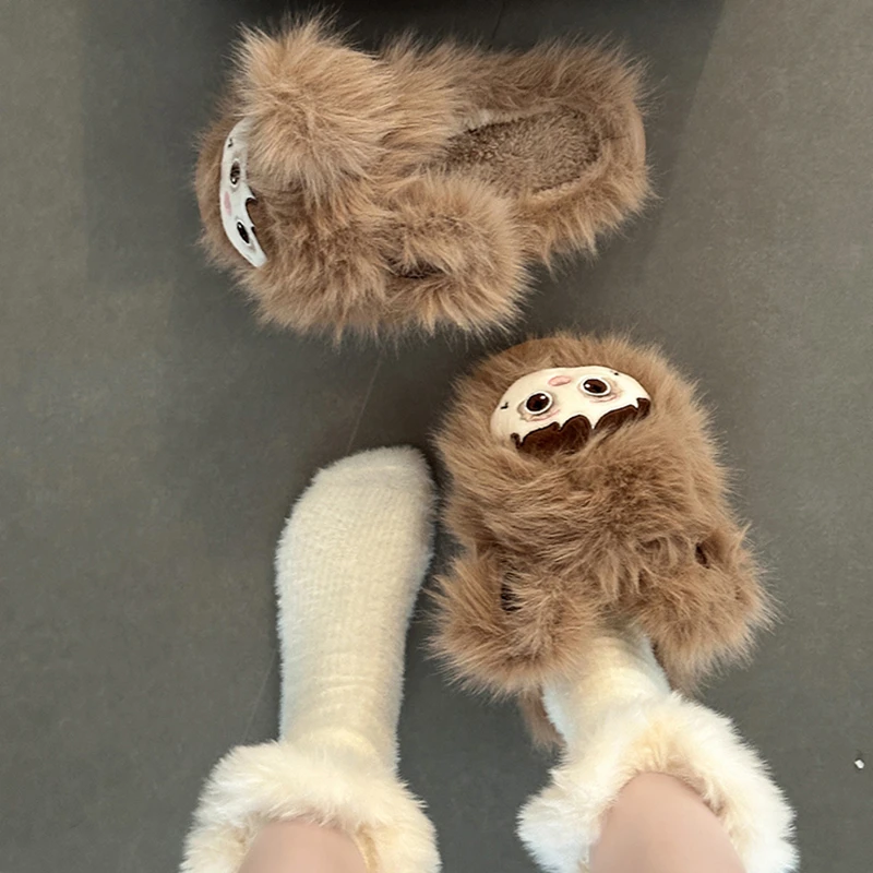 时尚一脚蹬可爱卡通人物毛毛拖鞋女士2025冬季新款包头拖鞋棉拖鞋