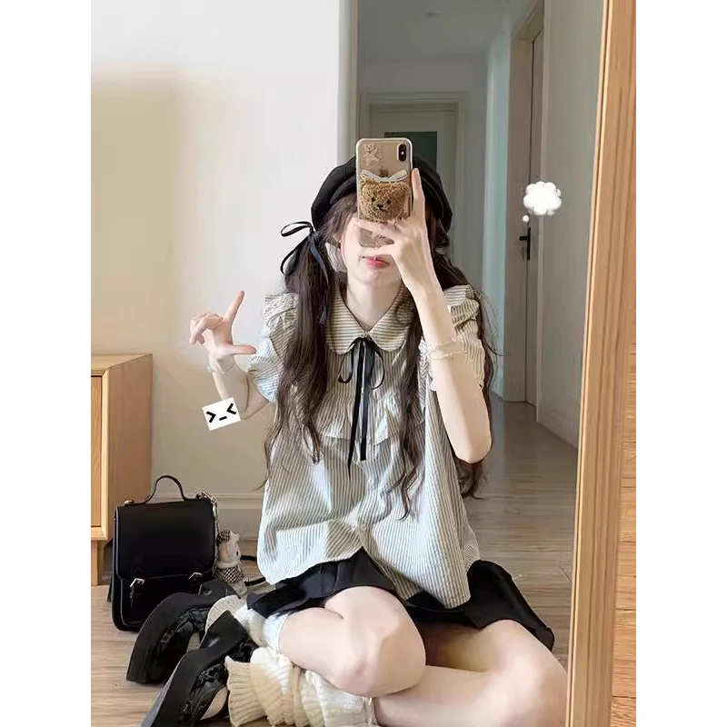 甜美减龄JK学院风套装女夏季荷叶边条纹衬衫+百褶裙套装